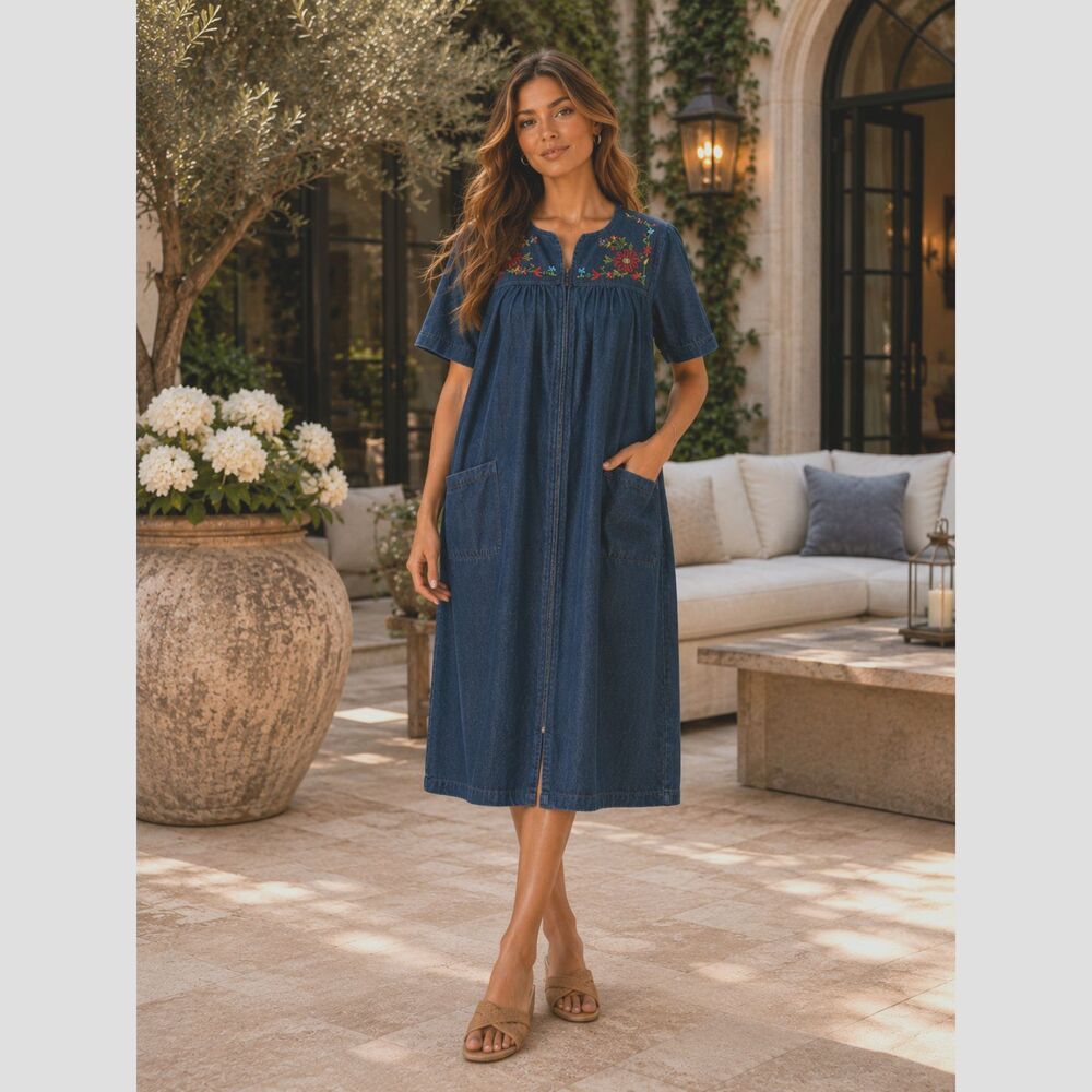 Go Softly Denim Embroidered Floral Zip Front Midi Patio Dress – Size M